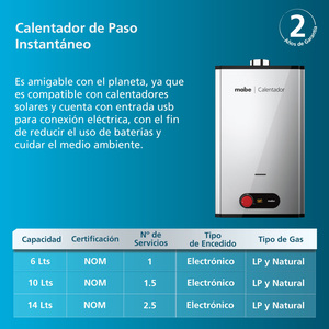 Calentador Instantáneo de Gas LP 2.5 Servicios 14 L Gris Mabe - CIM142SLP