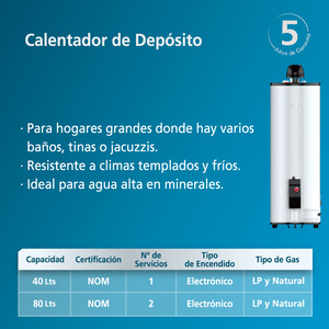Calentador automático de Depósito 38 L 10 G 1 servicio Gas LP Mabe - CDM40SLP